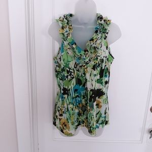 SPENSE Ruffled Floral Sleeveless Top Green…